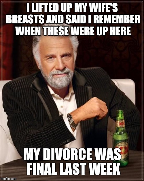 For every action there is an equal and opposite reaction | I LIFTED UP MY WIFE'S BREASTS AND SAID I REMEMBER WHEN THESE WERE UP HERE; MY DIVORCE WAS FINAL LAST WEEK | image tagged in memes,the most interesting man in the world,marriage,breasts,aging | made w/ Imgflip meme maker