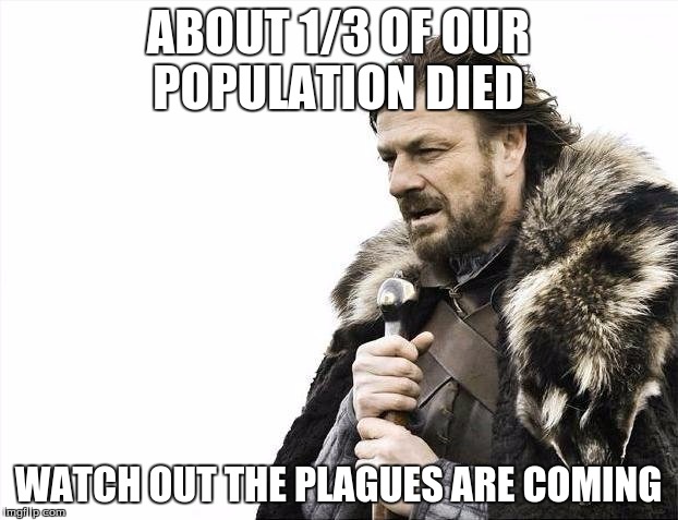 Brace Yourselves X is Coming Meme | ABOUT 1/3 OF OUR POPULATION DIED; WATCH OUT THE PLAGUES ARE COMING | image tagged in memes,brace yourselves x is coming | made w/ Imgflip meme maker