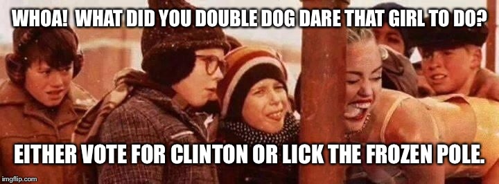 Election dare | WHOA!  WHAT DID YOU DOUBLE DOG DARE THAT GIRL TO DO? EITHER VOTE FOR CLINTON OR LICK THE FROZEN POLE. | image tagged in memes,drsarcasm,doyble dog dare,vote,clinton | made w/ Imgflip meme maker