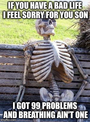 Waiting Skeleton | IF YOU HAVE A BAD LIFE I FEEL SORRY FOR YOU SON; I GOT 99 PROBLEMS AND BREATHING AIN'T ONE | image tagged in memes,waiting skeleton | made w/ Imgflip meme maker