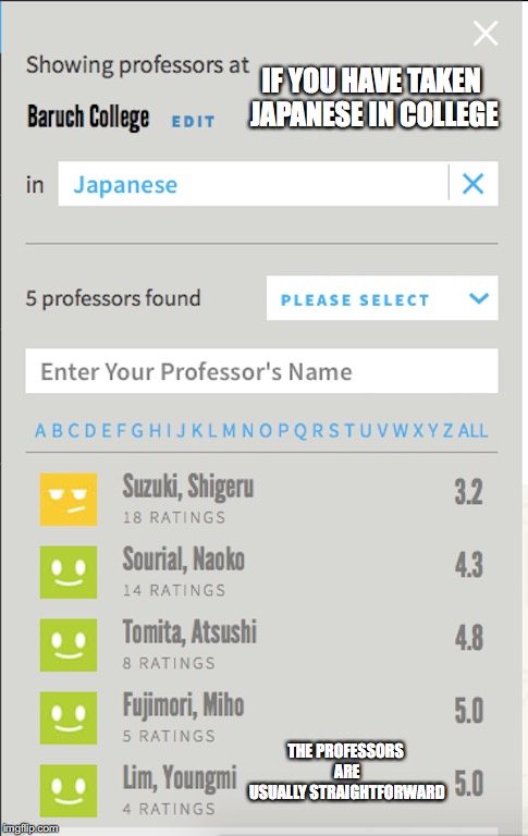 Taking Japanese in College | IF YOU HAVE TAKEN JAPANESE IN COLLEGE; THE PROFESSORS ARE USUALLY STRAIGHTFORWARD | image tagged in memes,college | made w/ Imgflip meme maker