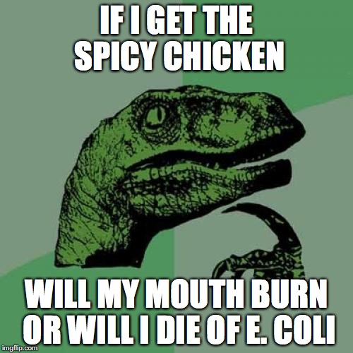 Philosoraptor | IF I GET THE SPICY CHICKEN; WILL MY MOUTH BURN OR WILL I DIE OF E. COLI | image tagged in memes,philosoraptor | made w/ Imgflip meme maker