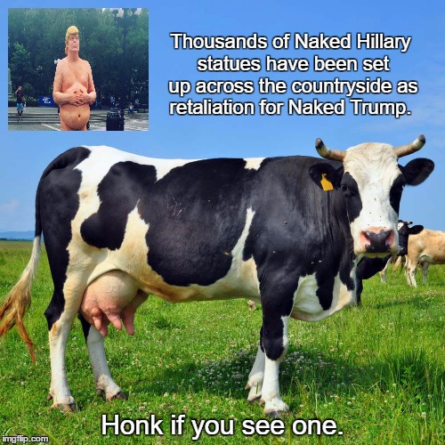 Naked Hillary | Thousands of Naked Hillary statues have been set up across the countryside as retaliation for Naked Trump. Honk if you see one. | image tagged in naked,hillary,trump,wars | made w/ Imgflip meme maker