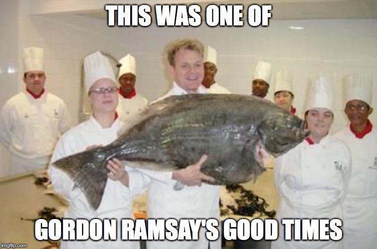 Chef Ramsay With Fish | THIS WAS ONE OF; GORDON RAMSAY'S GOOD TIMES | image tagged in fish,chef gordon ramsay,memes | made w/ Imgflip meme maker