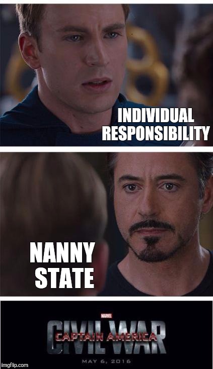 Civil War | INDIVIDUAL RESPONSIBILITY; NANNY STATE | image tagged in civil war | made w/ Imgflip meme maker