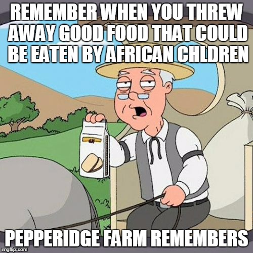 Pepperidge Farm Remembers Meme | REMEMBER WHEN YOU THREW AWAY GOOD FOOD THAT COULD BE EATEN BY AFRICAN CHLDREN; PEPPERIDGE FARM REMEMBERS | image tagged in memes,pepperidge farm remembers | made w/ Imgflip meme maker