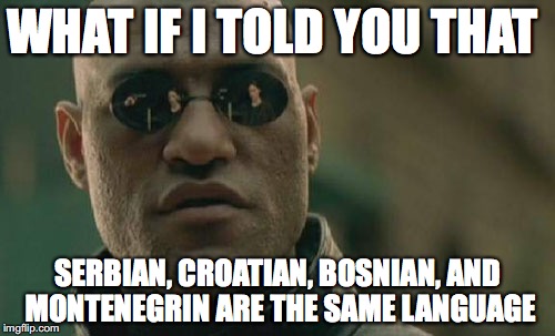 Matrix Morpheus | WHAT IF I TOLD YOU THAT; SERBIAN, CROATIAN, BOSNIAN, AND MONTENEGRIN ARE THE SAME LANGUAGE | image tagged in memes,matrix morpheus | made w/ Imgflip meme maker