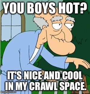 Herbert The Pervert | YOU BOYS HOT? IT'S NICE AND COOL IN MY CRAWL SPACE. | image tagged in herbert the pervert | made w/ Imgflip meme maker
