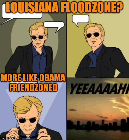 Horatio CSI Miami | LOUISIANA FLOODZONE? MORE LIKE OBAMA FRIENDZONED | image tagged in horatio csi miami | made w/ Imgflip meme maker