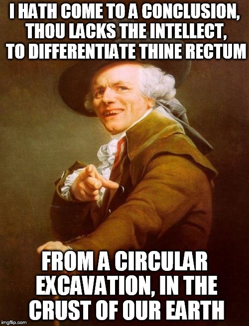 Joseph Ducreux Meme | I HATH COME TO A CONCLUSION, THOU LACKS THE INTELLECT, TO DIFFERENTIATE THINE RECTUM; FROM A CIRCULAR EXCAVATION, IN THE CRUST OF OUR EARTH | image tagged in memes,joseph ducreux | made w/ Imgflip meme maker