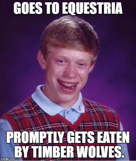 Bad Luck Brian Meme | GOES TO EQUESTRIA; PROMPTLY GETS EATEN BY TIMBER WOLVES. | image tagged in memes,bad luck brian | made w/ Imgflip meme maker