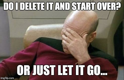 Captain Picard Facepalm Meme | DO I DELETE IT AND START OVER? OR JUST LET IT GO... | image tagged in memes,captain picard facepalm | made w/ Imgflip meme maker