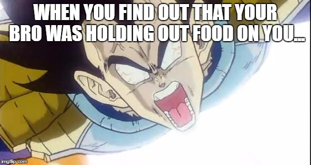 Vegeta rage namek saga | WHEN YOU FIND OUT THAT YOUR BRO WAS HOLDING OUT FOOD ON YOU... | image tagged in vegeta rage namek saga | made w/ Imgflip meme maker