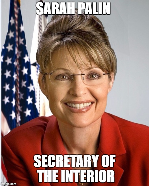 Sarah Palin official | SARAH PALIN; SECRETARY OF THE INTERIOR | image tagged in sarah palin official | made w/ Imgflip meme maker