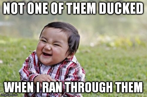 in quite a flap | NOT ONE OF THEM DUCKED; WHEN I RAN THROUGH THEM | image tagged in memes,evil toddler | made w/ Imgflip meme maker