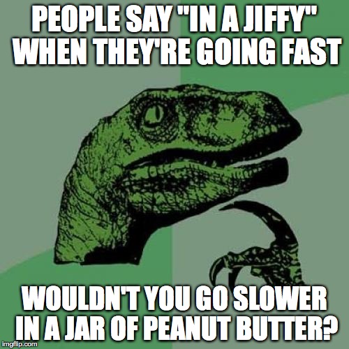 Philosoraptor Meme | PEOPLE SAY "IN A JIFFY" WHEN THEY'RE GOING FAST; WOULDN'T YOU GO SLOWER IN A JAR OF PEANUT BUTTER? | image tagged in memes,philosoraptor | made w/ Imgflip meme maker
