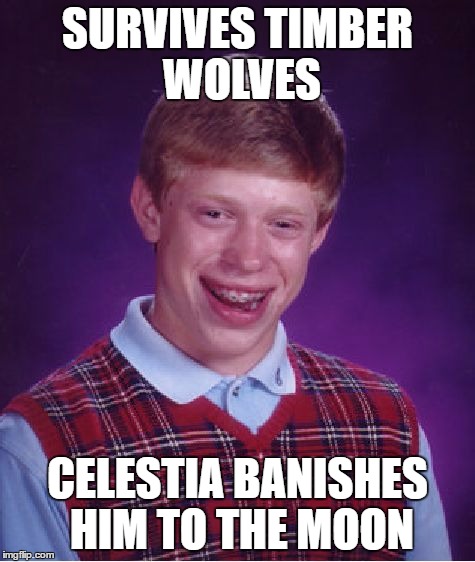 Bad Luck Brian Meme | SURVIVES TIMBER WOLVES CELESTIA BANISHES HIM TO THE MOON | image tagged in memes,bad luck brian | made w/ Imgflip meme maker