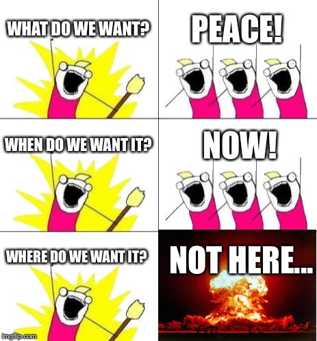 What Do We Want 3 Meme | WHAT DO WE WANT? PEACE! WHEN DO WE WANT IT? NOW! WHERE DO WE WANT IT? NOT HERE... | image tagged in memes,what do we want 3 | made w/ Imgflip meme maker