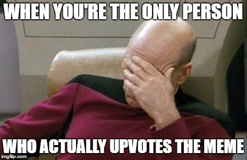 Captain Picard Facepalm Meme | WHEN YOU'RE THE ONLY PERSON WHO ACTUALLY UPVOTES THE MEME | image tagged in memes,captain picard facepalm | made w/ Imgflip meme maker
