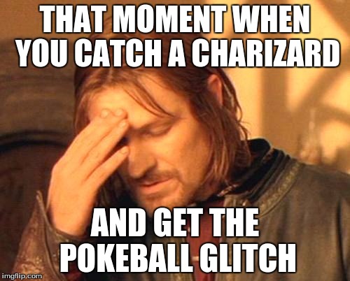 Frustrated Boromir | THAT MOMENT WHEN YOU CATCH A CHARIZARD; AND GET THE POKEBALL GLITCH | image tagged in frustrated boromir | made w/ Imgflip meme maker