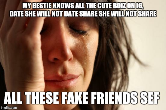 First World Problems | MY BESTIE KNOWS ALL THE CUTE BOIZ ON IG, DATE SHE WILL NOT DATE SHARE SHE WILL NOT SHARE; ALL THESE FAKE FRIENDS SEF | image tagged in memes,first world problems | made w/ Imgflip meme maker