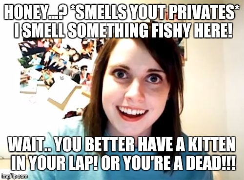 Overly Attached Girlfriend | HONEY...? *SMELLS YOUT PRIVATES* I SMELL SOMETHING FISHY HERE! WAIT.. YOU BETTER HAVE A KITTEN IN YOUR LAP! OR YOU'RE A DEAD!!! | image tagged in memes,overly attached girlfriend | made w/ Imgflip meme maker