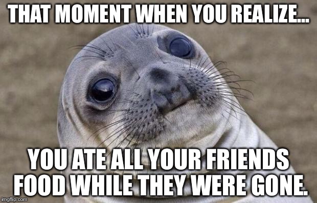Awkward Moment Sealion Meme | THAT MOMENT WHEN YOU REALIZE... YOU ATE ALL YOUR FRIENDS FOOD WHILE THEY WERE GONE. | image tagged in memes,awkward moment sealion | made w/ Imgflip meme maker