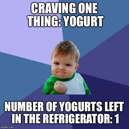 Success Kid | CRAVING ONE THING: YOGURT; NUMBER OF YOGURTS LEFT IN THE REFRIGERATOR: 1 | image tagged in memes,success kid | made w/ Imgflip meme maker