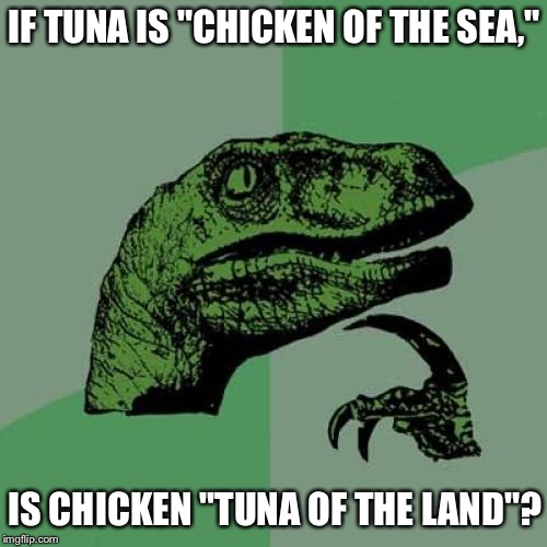 Inquiring Minds Wanna Know | IF TUNA IS "CHICKEN OF THE SEA,"; IS CHICKEN "TUNA OF THE LAND"? | image tagged in memes,philosoraptor,tuna,chicken | made w/ Imgflip meme maker