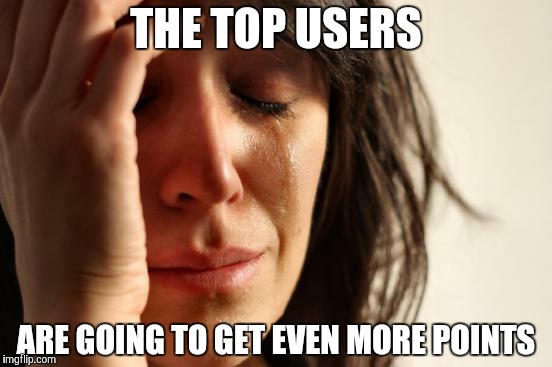 First World Problems Meme | THE TOP USERS ARE GOING TO GET EVEN MORE POINTS | image tagged in memes,first world problems | made w/ Imgflip meme maker