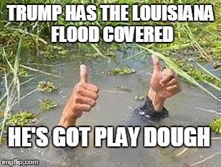 FLOODING THUMBS UP | TRUMP HAS THE LOUISIANA FLOOD COVERED; HE'S GOT PLAY DOUGH | image tagged in flooding thumbs up | made w/ Imgflip meme maker