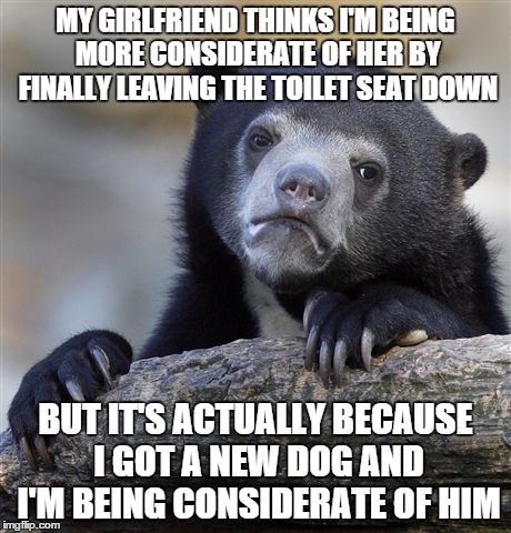 I don't want him to start any bad habits :) | MY GIRLFRIEND THINKS I'M BEING MORE CONSIDERATE OF HER BY FINALLY LEAVING THE TOILET SEAT DOWN; BUT IT'S ACTUALLY BECAUSE I GOT A NEW DOG AND I'M BEING CONSIDERATE OF HIM | image tagged in memes,confession bear,dog joke,girlfriend | made w/ Imgflip meme maker