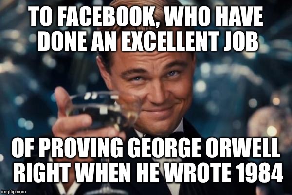 Leonardo Dicaprio Cheers Meme | TO FACEBOOK, WHO HAVE DONE AN EXCELLENT JOB; OF PROVING GEORGE ORWELL RIGHT WHEN HE WROTE 1984 | image tagged in memes,leonardo dicaprio cheers | made w/ Imgflip meme maker