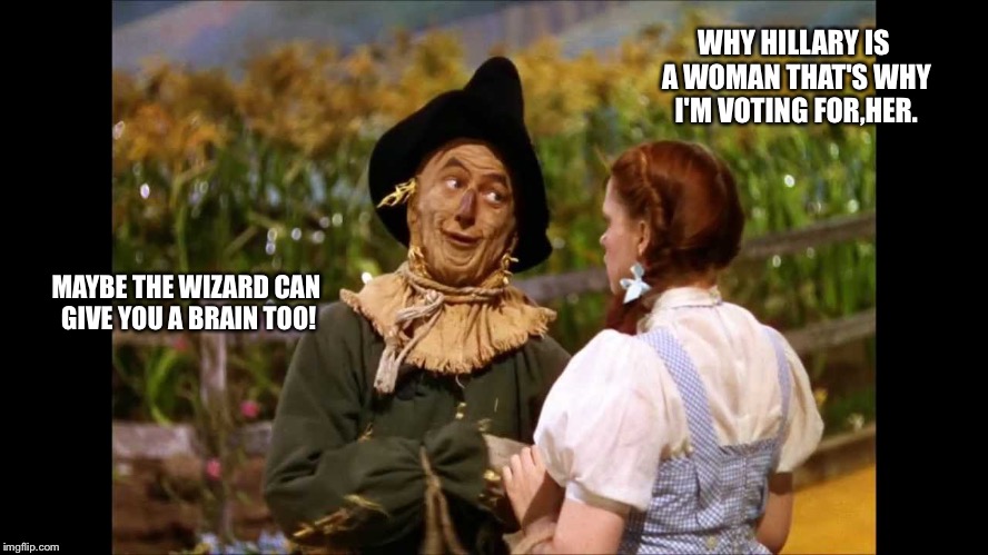 wizard of oz scarecrow | WHY HILLARY IS A WOMAN THAT'S WHY I'M VOTING FOR,HER. MAYBE THE WIZARD CAN GIVE YOU A BRAIN TOO! | image tagged in wizard of oz scarecrow | made w/ Imgflip meme maker