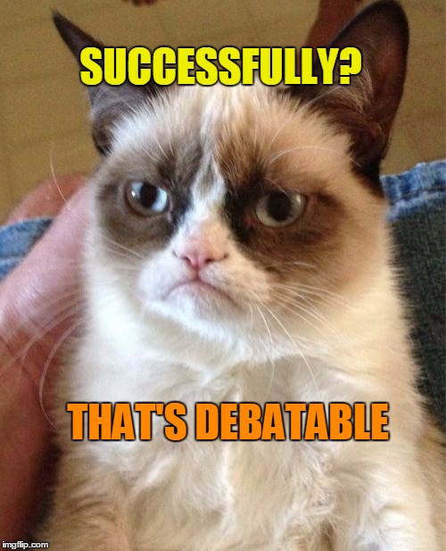 Grumpy Cat Meme | SUCCESSFULLY? THAT'S DEBATABLE | image tagged in memes,grumpy cat | made w/ Imgflip meme maker