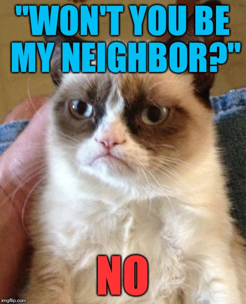 Grumpy Cat Meme | "WON'T YOU BE MY NEIGHBOR?" NO | image tagged in memes,grumpy cat | made w/ Imgflip meme maker