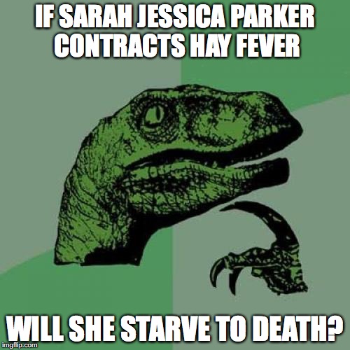 I'm just horsing around of course. Honestly, I think we should rein in the SJP Horse jokes.  | IF SARAH JESSICA PARKER CONTRACTS HAY FEVER; WILL SHE STARVE TO DEATH? | image tagged in memes,philosoraptor,sjp,sarah jessica parker | made w/ Imgflip meme maker
