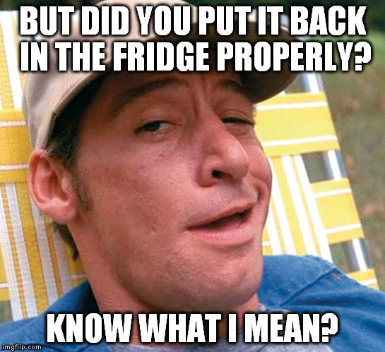 BUT DID YOU PUT IT BACK IN THE FRIDGE PROPERLY? KNOW WHAT I MEAN? | made w/ Imgflip meme maker