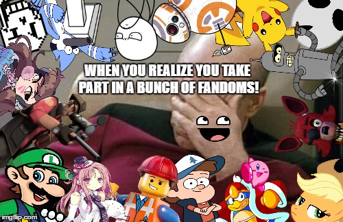 This Is An Idea I Had For A While But Couldn't Pull Of Until Jying Found That New Photoshop Website, So Here It Is. | WHEN YOU REALIZE YOU TAKE PART IN A BUNCH OF FANDOMS! | image tagged in memes,captain picard facepalm,fandoms,funny,photoshop,to the internet i'm cancer | made w/ Imgflip meme maker