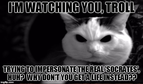 I'M WATCHING YOU, TROLL TRYING TO IMPERSONATE THE REAL 'SOCRATES', HUH?  WHY DON'T YOU GET A LIFE INSTEAD?? | made w/ Imgflip meme maker