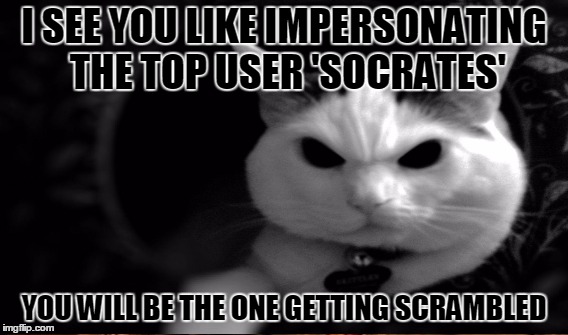 I SEE YOU LIKE IMPERSONATING THE TOP USER 'SOCRATES' YOU WILL BE THE ONE GETTING SCRAMBLED | made w/ Imgflip meme maker