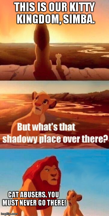 The Kitty Kingdom | THIS IS OUR KITTY KINGDOM, SIMBA. CAT ABUSERS. YOU MUST NEVER GO THERE! | image tagged in memes,simba shadowy place | made w/ Imgflip meme maker