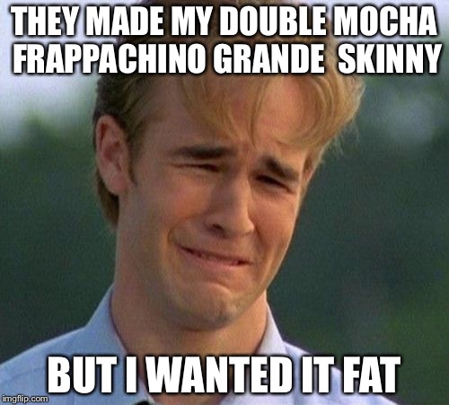 1990s First World Problems | THEY MADE MY DOUBLE MOCHA FRAPPACHINO GRANDE  SKINNY; BUT I WANTED IT FAT | image tagged in memes,1990s first world problems | made w/ Imgflip meme maker