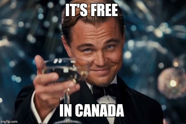 Leonardo Dicaprio Cheers Meme | IT'S FREE IN CANADA | image tagged in memes,leonardo dicaprio cheers | made w/ Imgflip meme maker