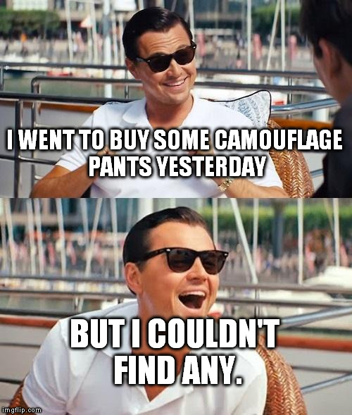 Leonardo Dicaprio Wolf Of Wall Street Meme | I WENT TO BUY SOME CAMOUFLAGE PANTS YESTERDAY; BUT I COULDN'T FIND ANY. | image tagged in memes,leonardo dicaprio wolf of wall street | made w/ Imgflip meme maker