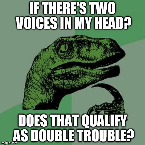 Philosoraptor | IF THERE'S TWO VOICES IN MY HEAD? DOES THAT QUALIFY AS DOUBLE TROUBLE? | image tagged in memes,philosoraptor | made w/ Imgflip meme maker