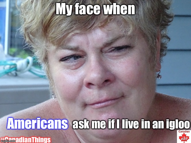 CanadianThings | My face when; ask me if I live in an igloo; Americans; #CanadianThings | image tagged in canada,funny,memes,america vs canada | made w/ Imgflip meme maker