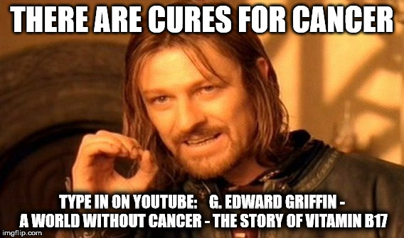 Cancer Cure | THERE ARE CURES FOR CANCER; TYPE IN ON YOUTUBE:    G. EDWARD GRIFFIN - A WORLD WITHOUT CANCER - THE STORY OF VITAMIN B17 | image tagged in memes,one does not simply,cancer,health,doctor | made w/ Imgflip meme maker