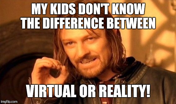 One Does Not Simply Meme | MY KIDS DON'T KNOW THE DIFFERENCE BETWEEN VIRTUAL OR REALITY! | image tagged in memes,one does not simply | made w/ Imgflip meme maker