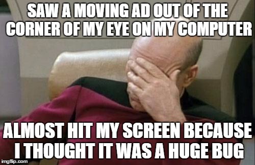 Captain Picard Facepalm Meme | SAW A MOVING AD OUT OF THE CORNER OF MY EYE ON MY COMPUTER; ALMOST HIT MY SCREEN BECAUSE I THOUGHT IT WAS A HUGE BUG | image tagged in memes,captain picard facepalm | made w/ Imgflip meme maker